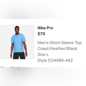 Nike Pro Men's Short-Sleeve Top in Coast Blue size Large